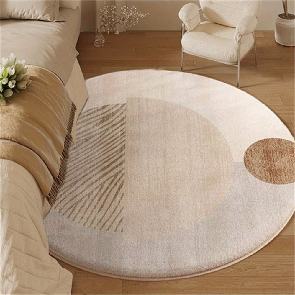 Tapis rond beige pour entrée, dos à points montré en photo
