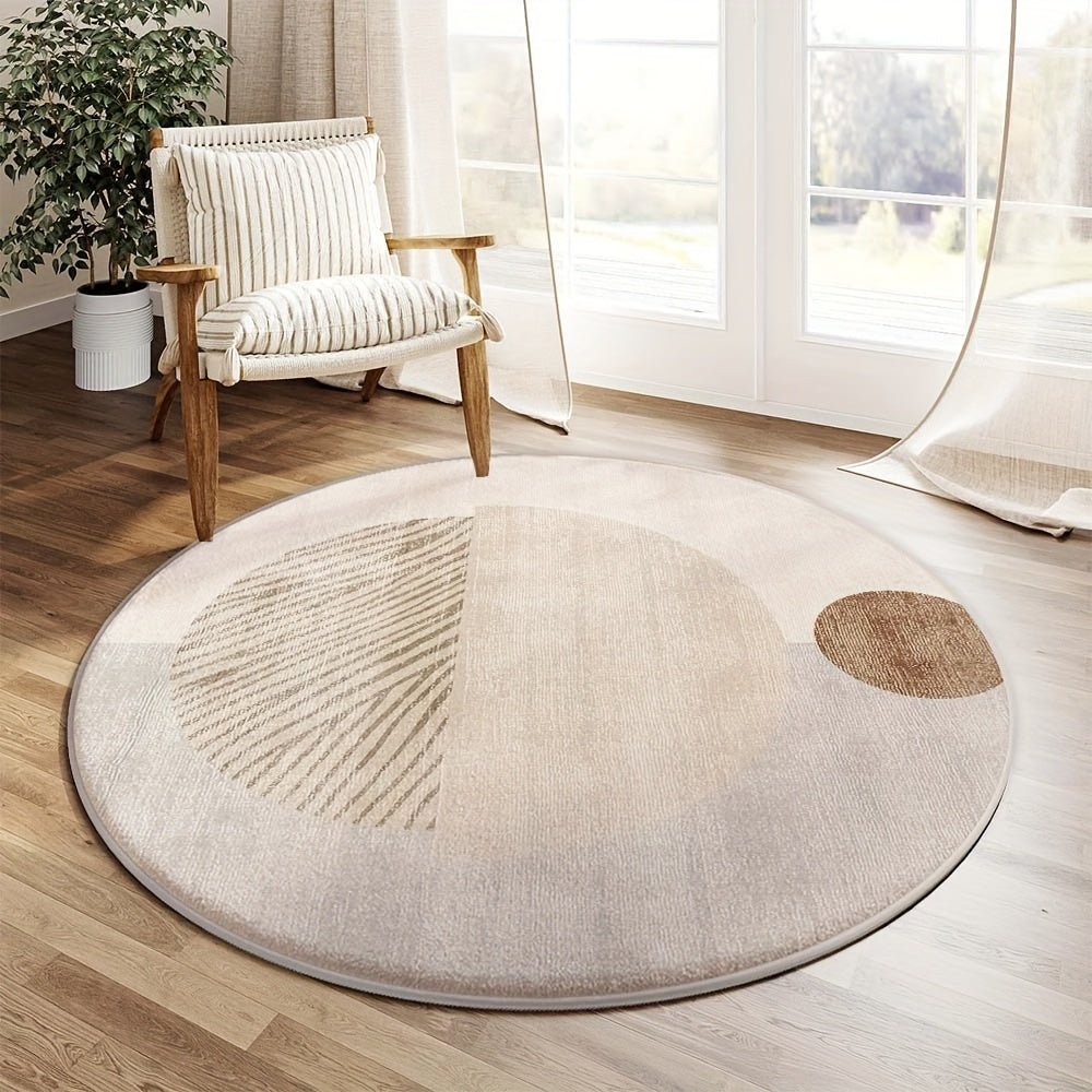 Tapis rond beige pour entrée, dos à points montré en photo