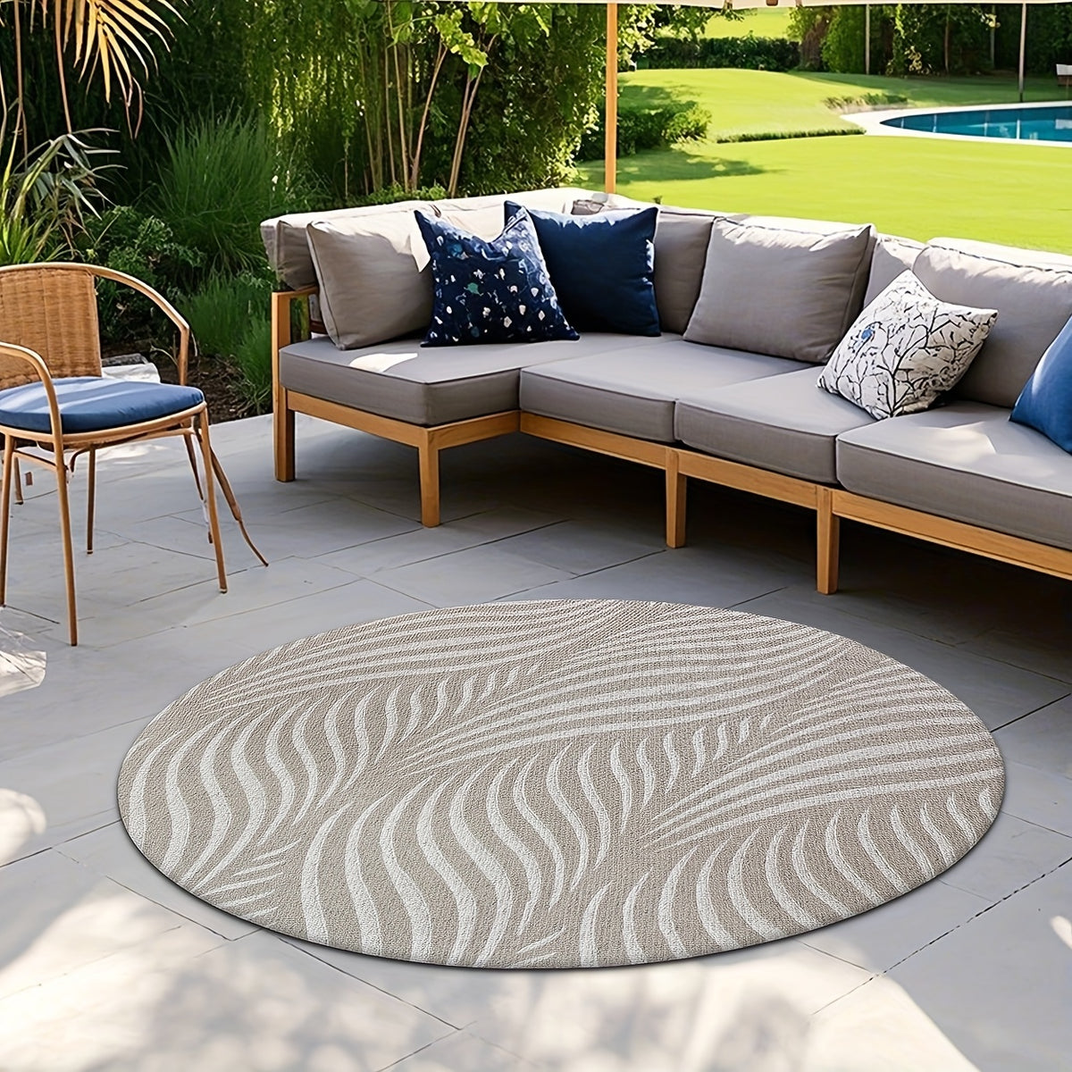 Tapis rond beige à feuillage blanc, tissage plat quatre tailles
