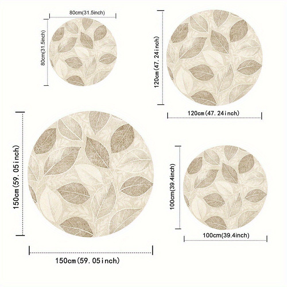 Tapis rond beige, feuillage nervuré et dos moucheté noir