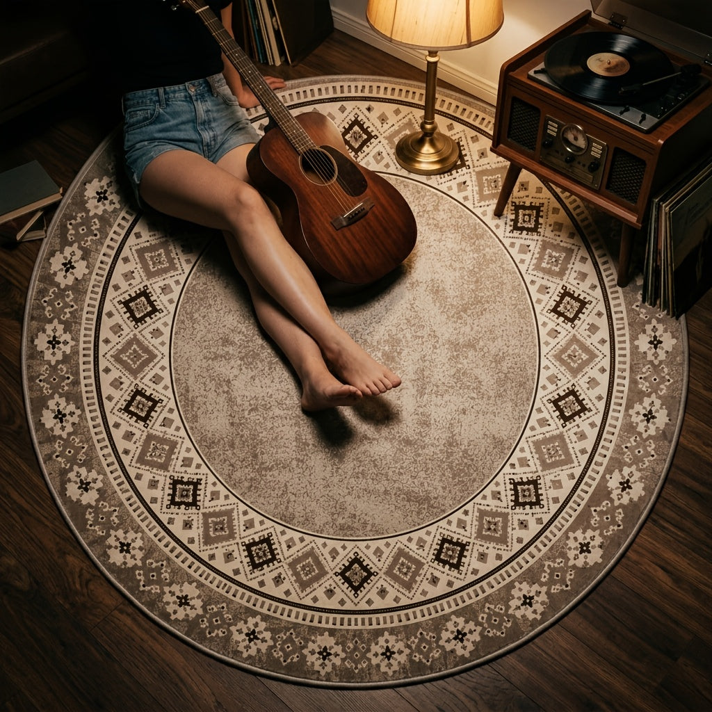 Tapis rond beige à frise de médaillons ivoire, Ø 60 à 180 cm