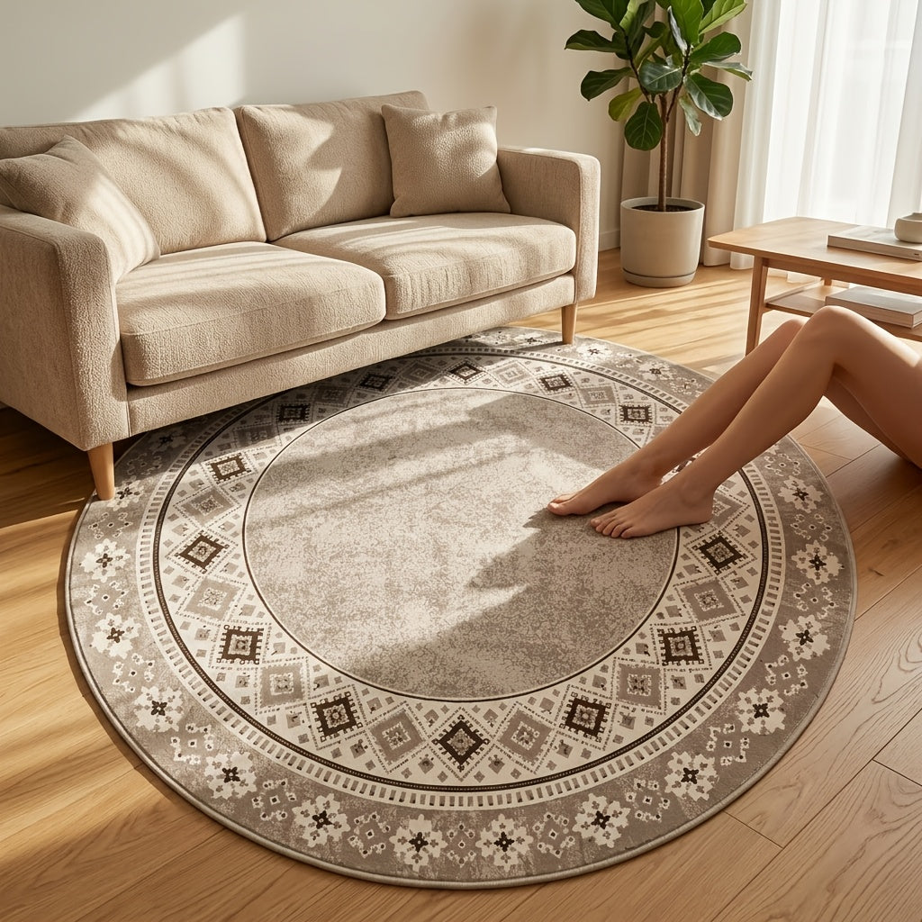 Tapis rond beige à frise de médaillons ivoire, Ø 60 à 180 cm