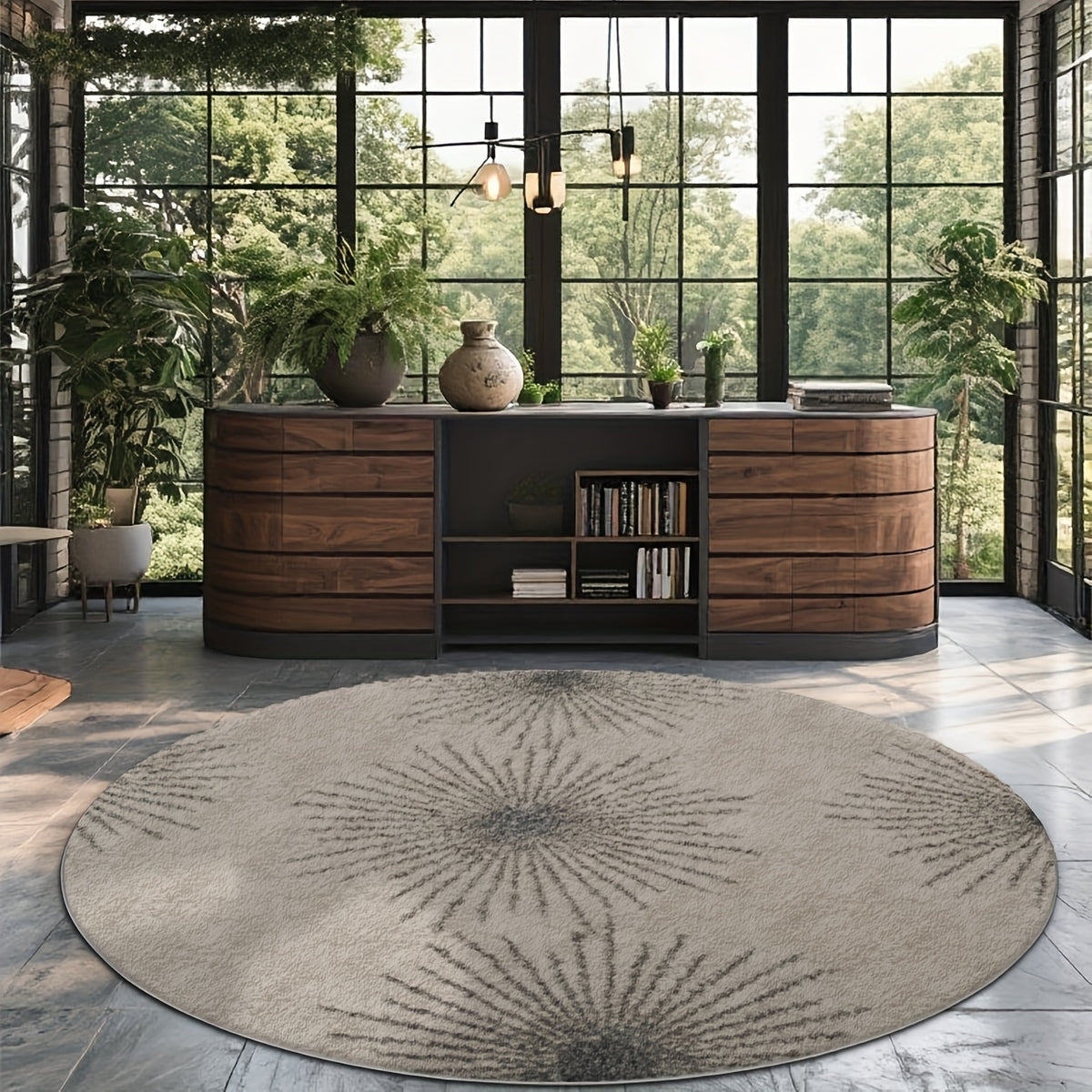 Tapis rond beige et gris à motif d'éclat radial, Ø 160 cm