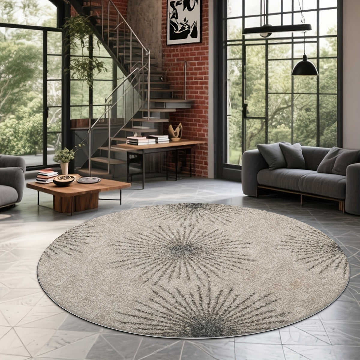 Tapis rond beige et gris à motif d'éclat radial, Ø 160 cm