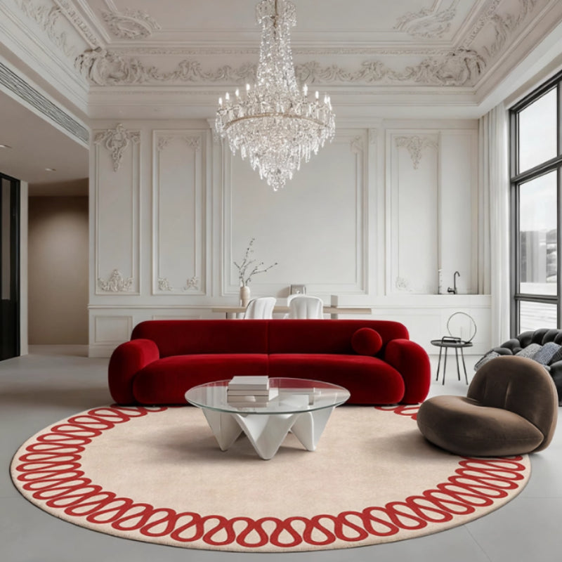 Tapis rond beige à guirlande rouge bouclée, velours 10 mm