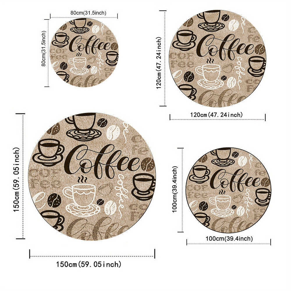 Tapis rond beige à lettrage café, dos à picots antidérapant
