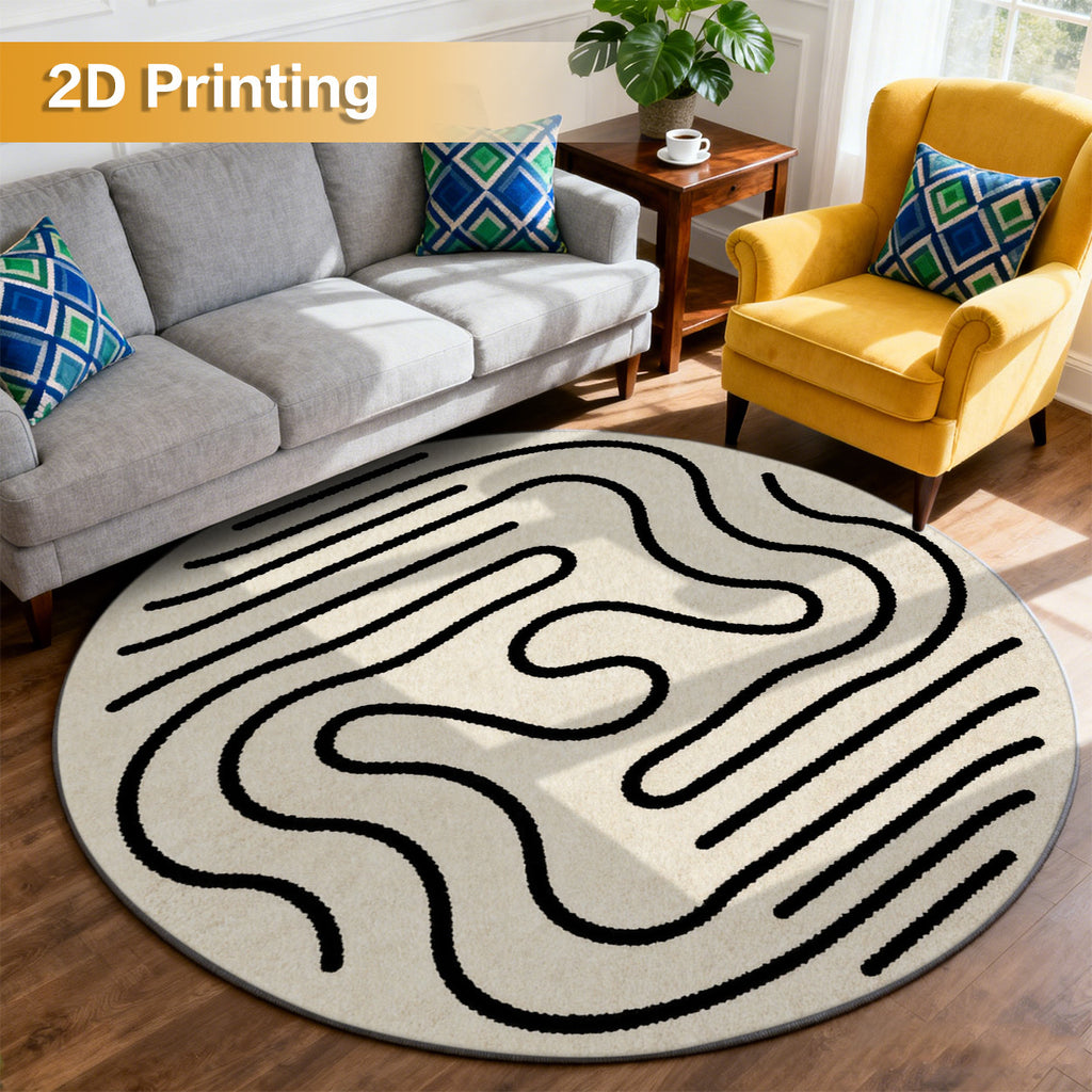 Tapis rond beige à méandres noirs continus, Ø 80 à 200 cm