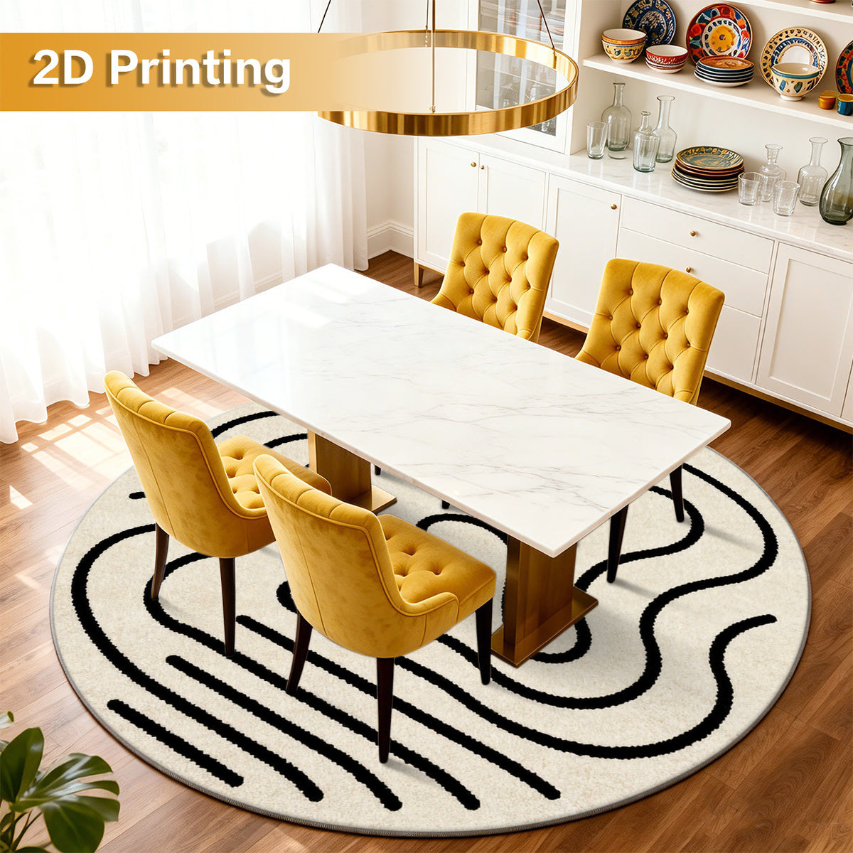 Tapis rond beige à méandres noirs continus, Ø 80 à 200 cm