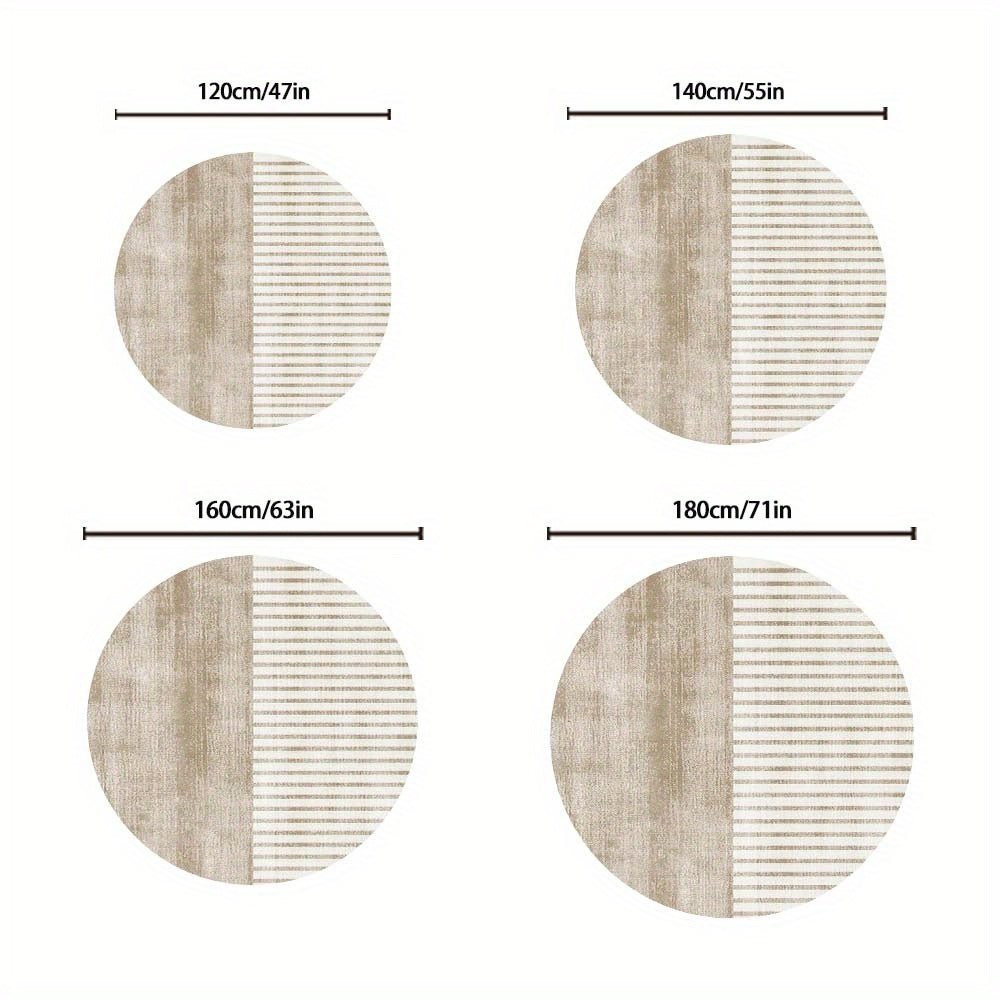 Tapis rond beige, une moitié chinée, une moitié rayée fine