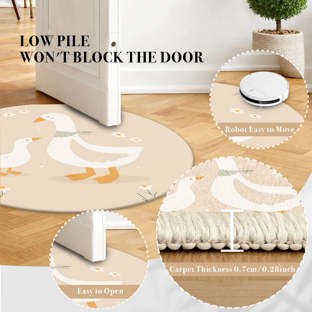 Tapis rond beige à motif d'oie et d'oison, velours bouclé