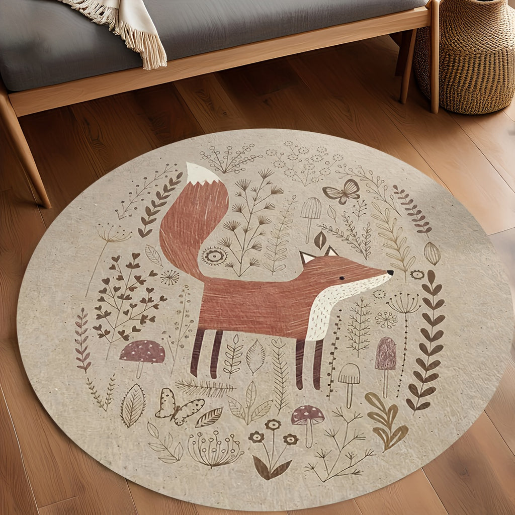 Tapis rond beige, renard scandinave et flore, Ø 100 à 180 cm