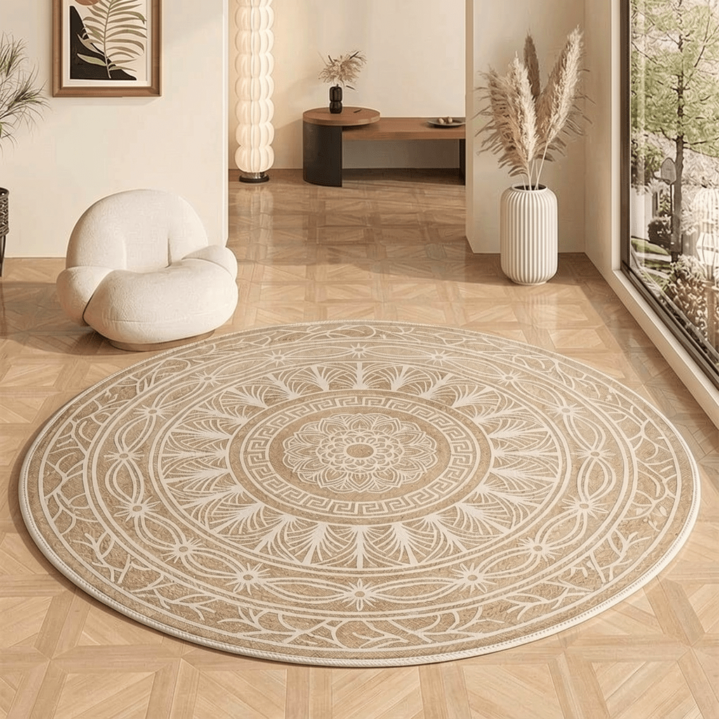 Tapis rond beige à rosace tramée, Ø 120 cm, 800 g au m²