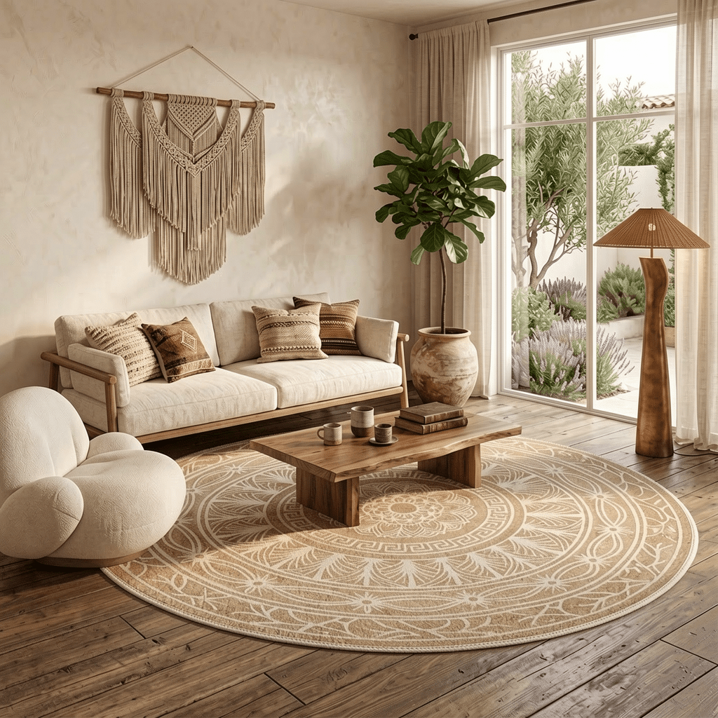 Tapis rond beige à rosace tramée, Ø 120 cm, 800 g au m²