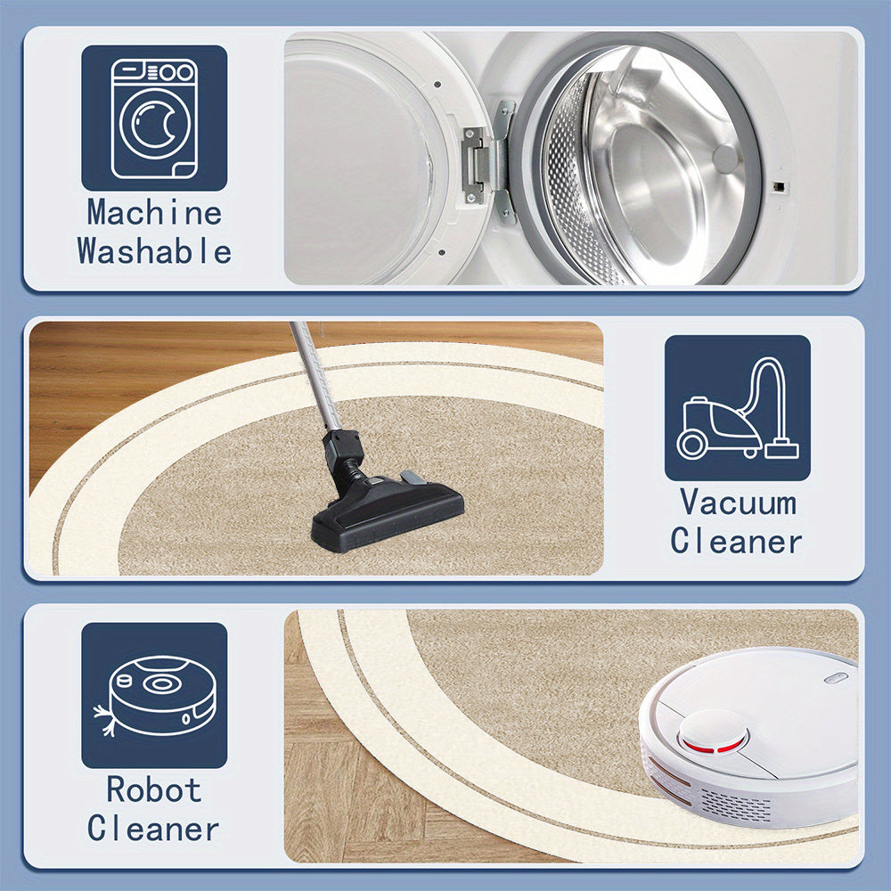 Tapis rond beige sable à fin liseré crème, Ø 110 à 160 cm