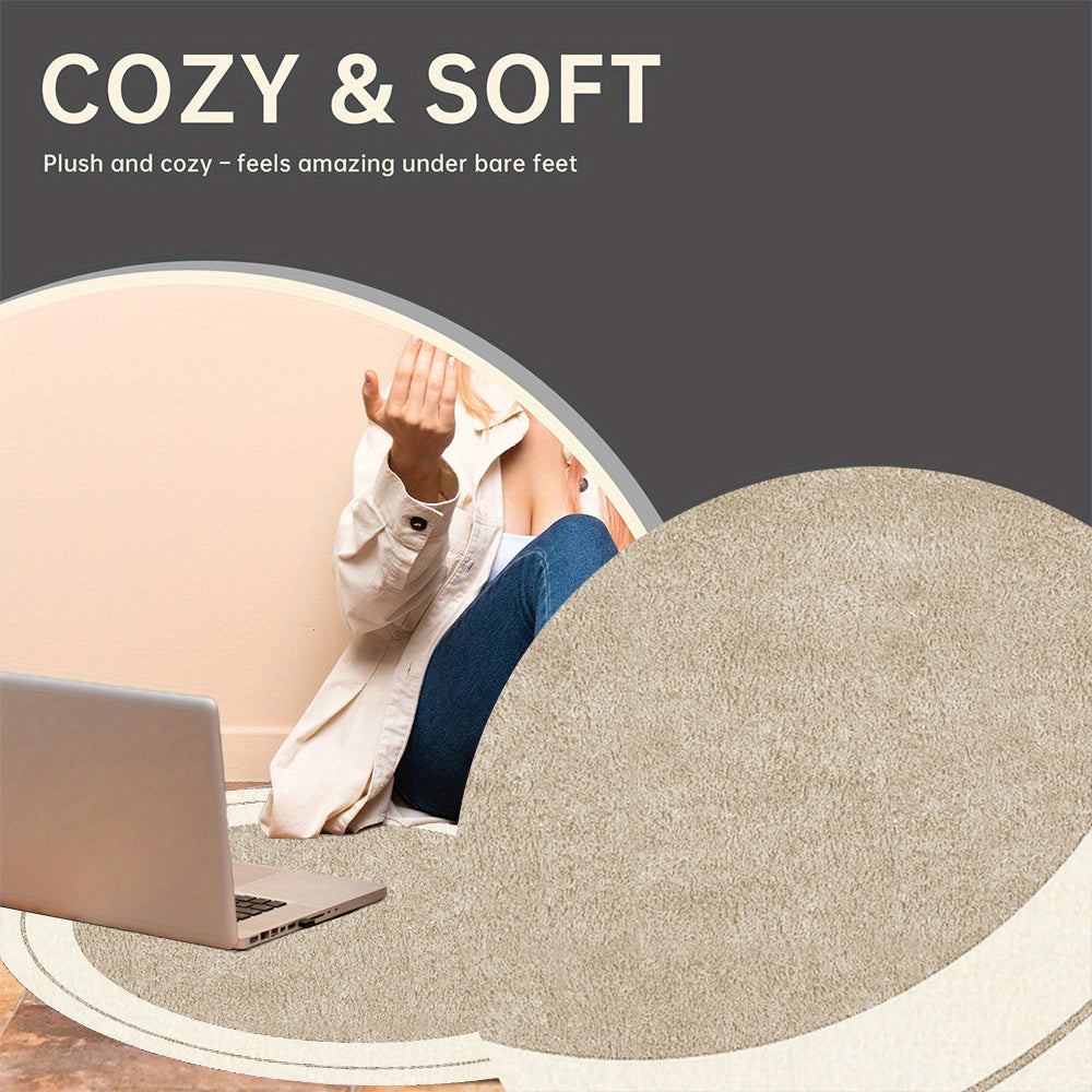Tapis rond beige sable à fin liseré crème, Ø 110 à 160 cm