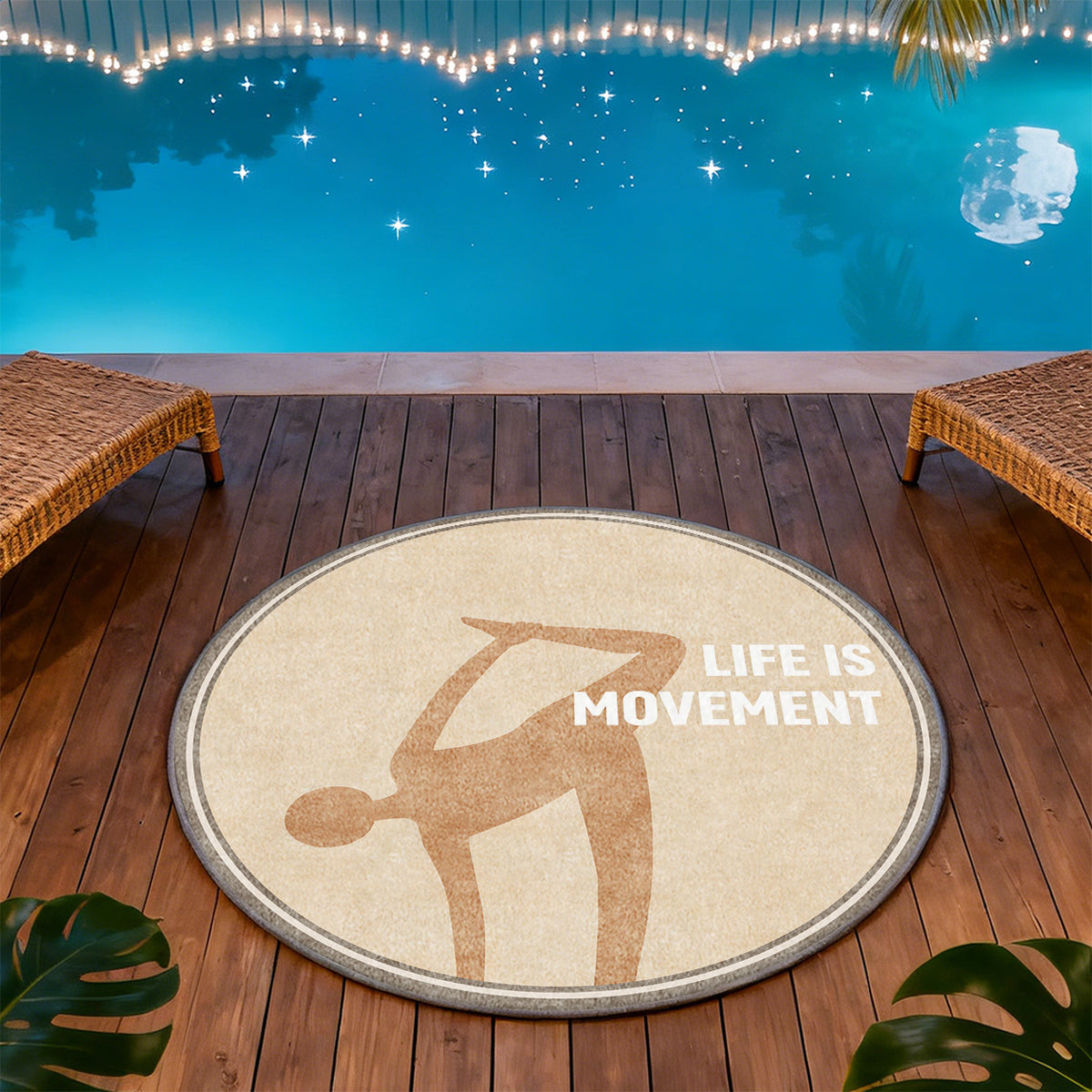 Tapis rond beige à silhouette de yoga et lettrage contrasté