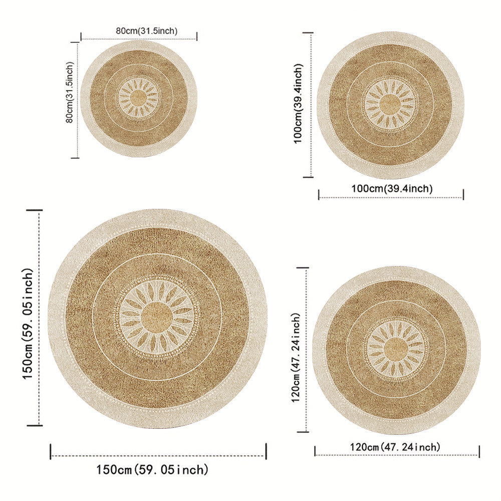 Tapis rond beige à médaillon solaire, bordure crème perlée