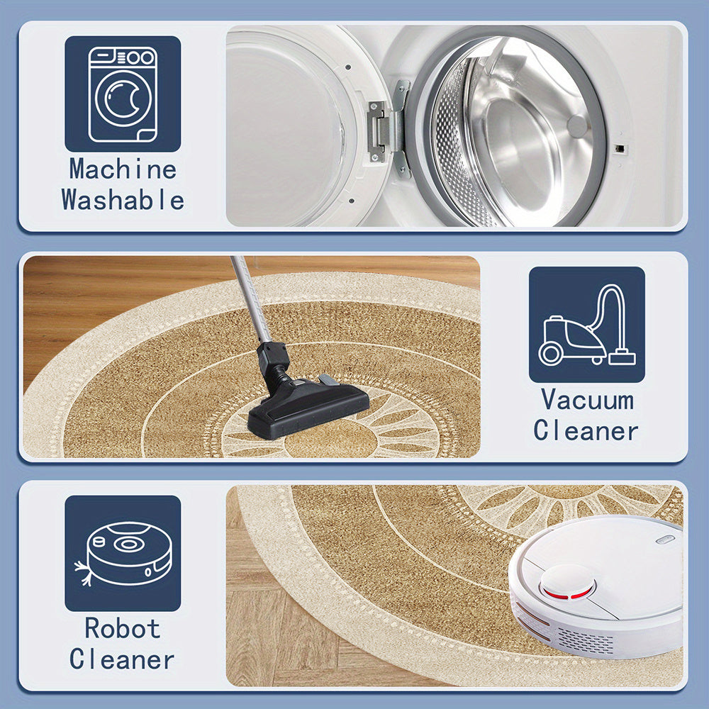 Tapis rond beige à médaillon solaire, bordure crème perlée