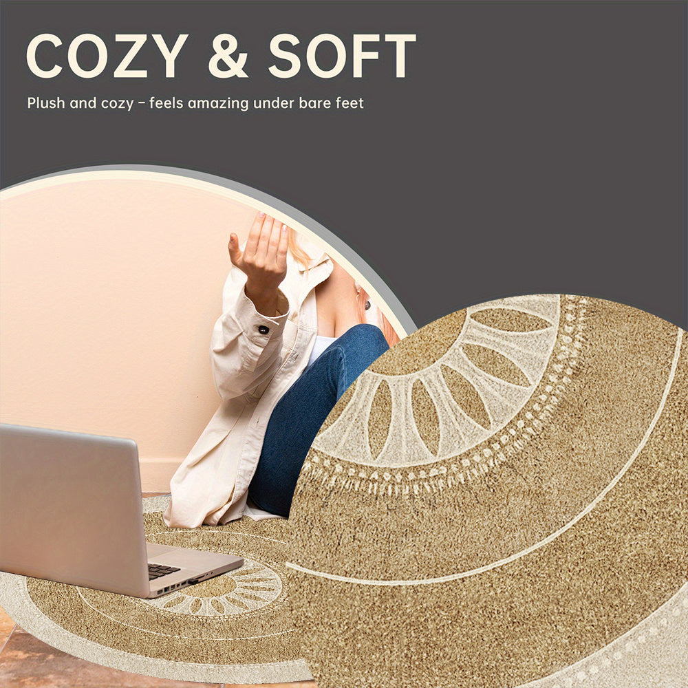 Tapis rond beige à médaillon solaire, bordure crème perlée