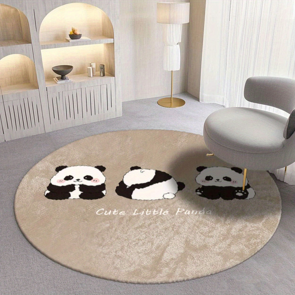 Tapis rond beige aux trois pandas dessinés, Ø 80 à 200 cm