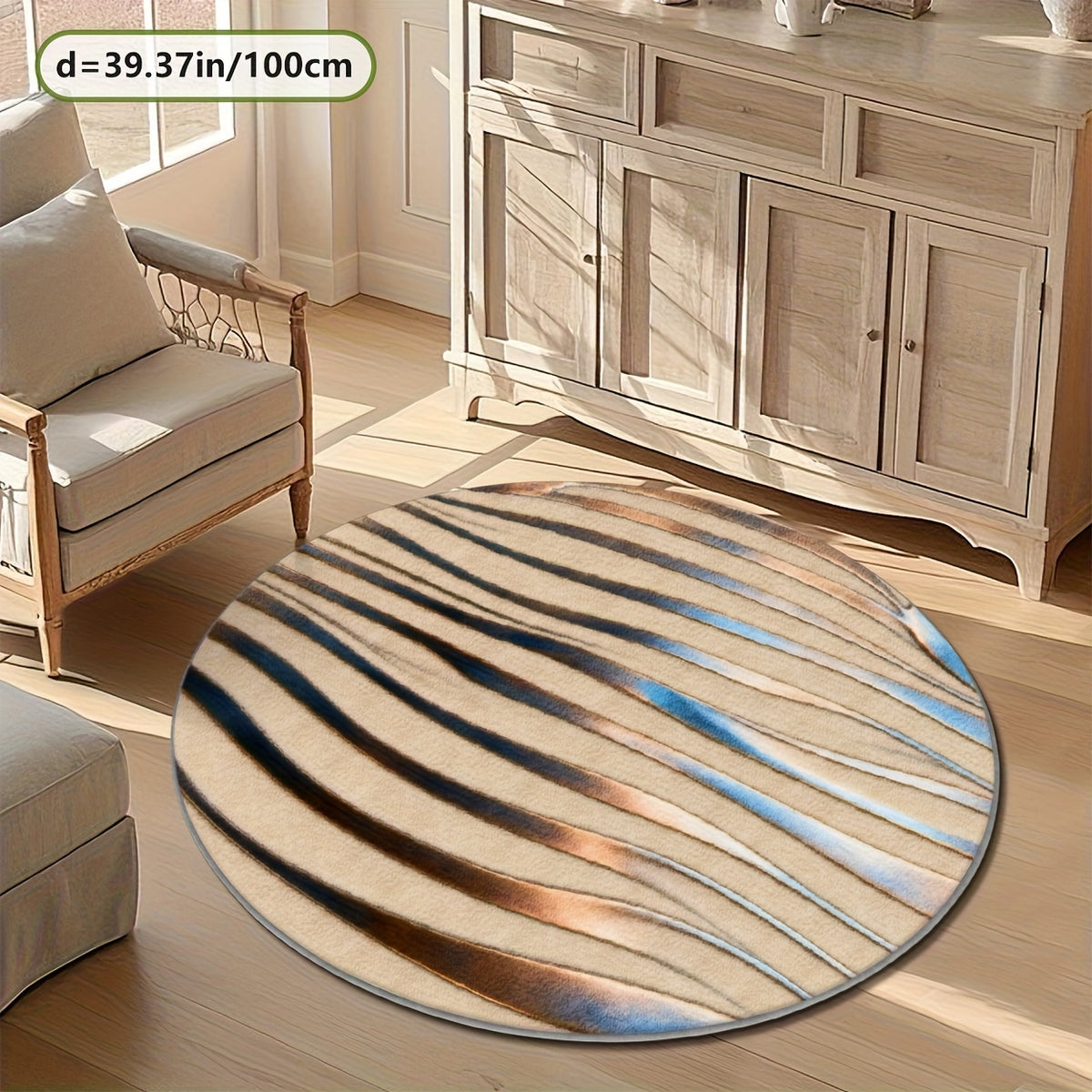 Tapis rond beige à vagues brunes et bleues, grand Ø 200 cm