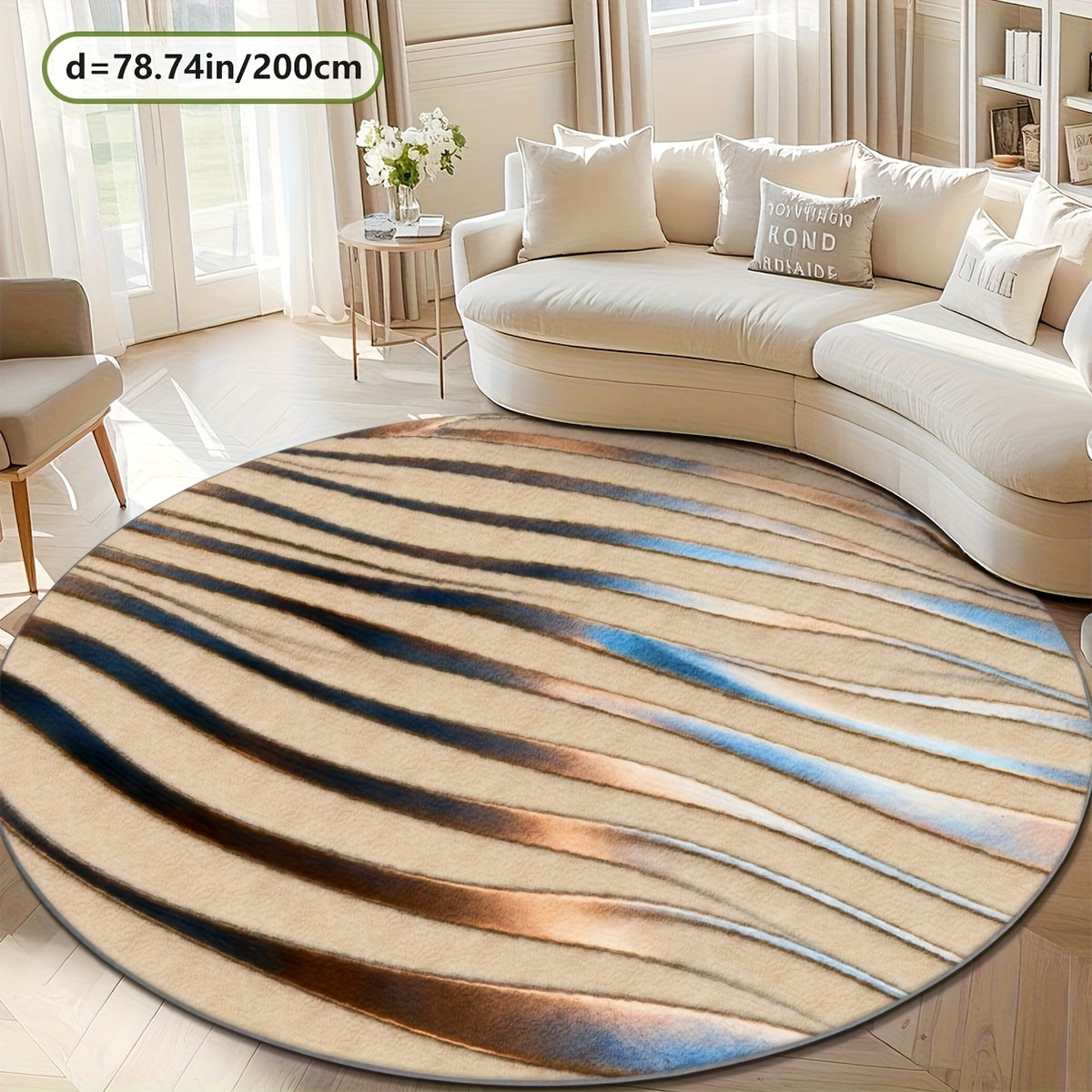 Tapis rond beige à vagues brunes et bleues, grand Ø 200 cm