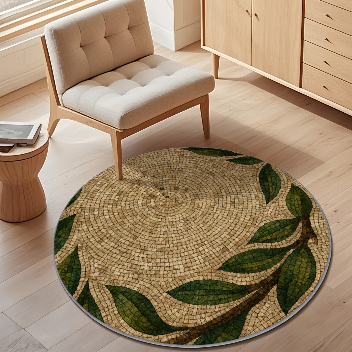 Tapis rond beige et vert, mosaïque de tesselles et feuilles