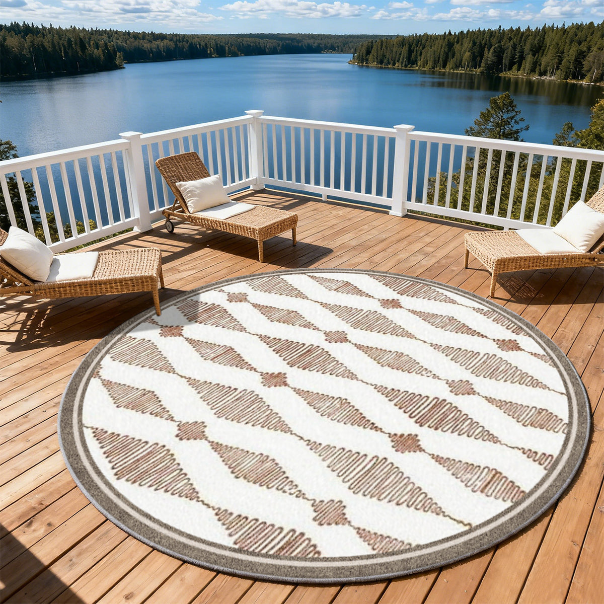 Tapis rond berbère blanc à losanges terre cuite dessinés