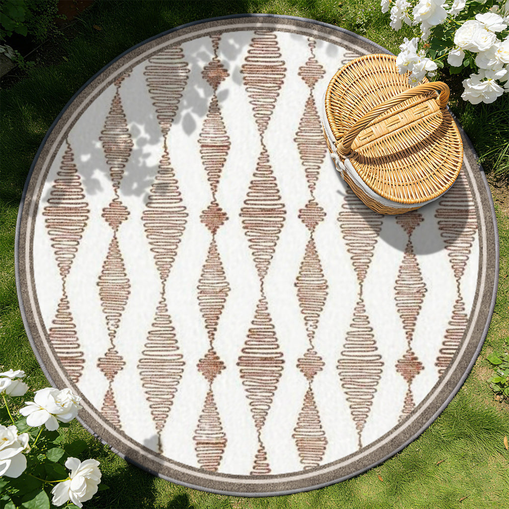 Tapis rond berbère blanc à losanges terre cuite dessinés
