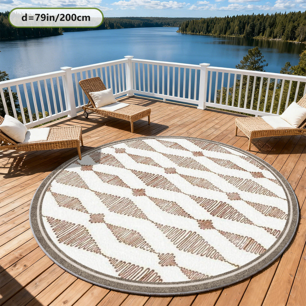 Tapis rond berbère blanc à losanges terre cuite dessinés