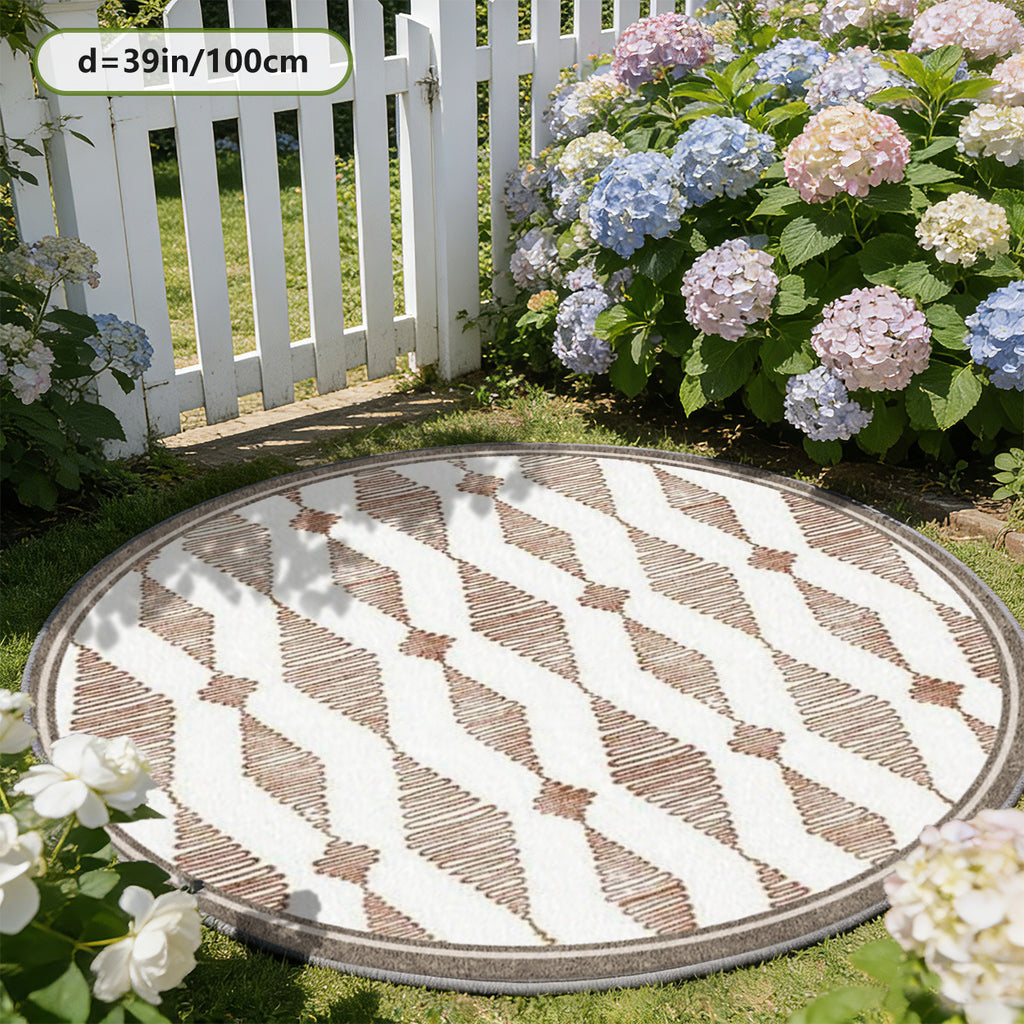 Tapis rond berbère blanc à losanges terre cuite dessinés