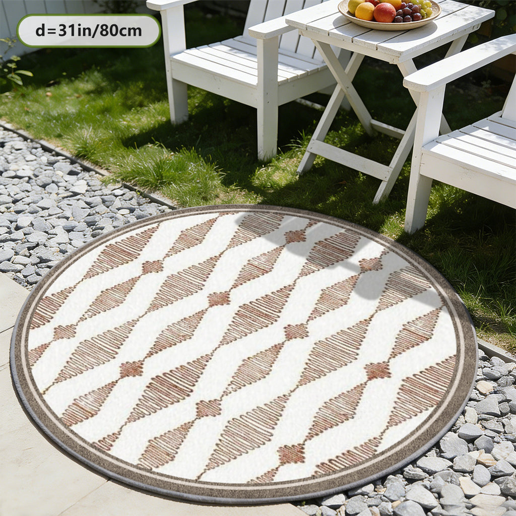 Tapis rond berbère blanc à losanges terre cuite dessinés