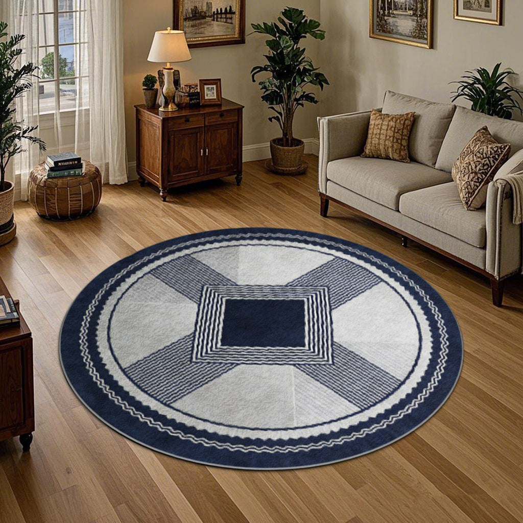 Tapis rond berbère bleu marine et gris, losange central