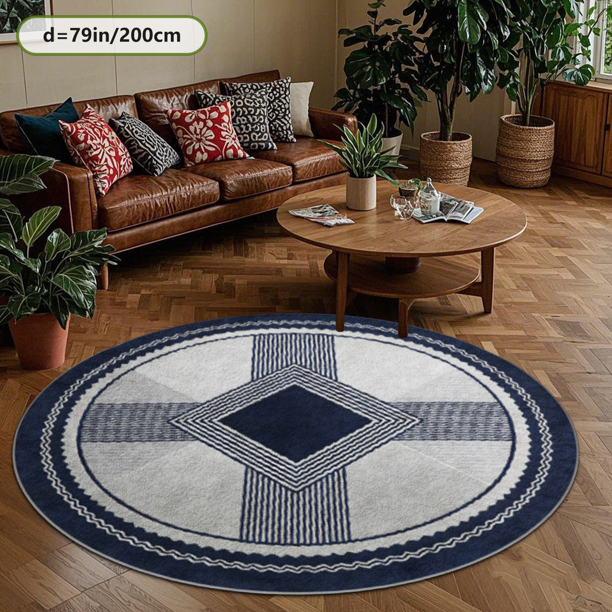 Tapis rond berbère bleu marine et gris, losange central