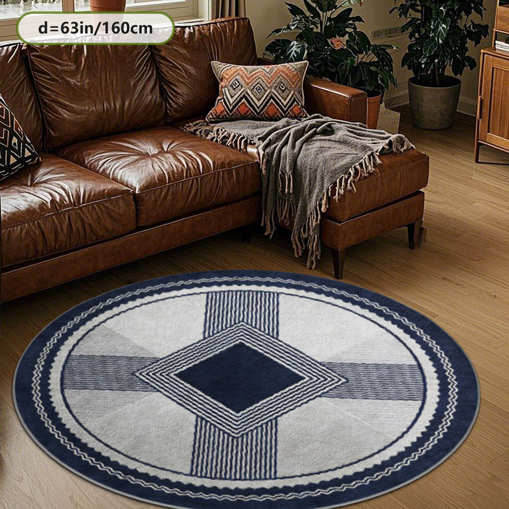Tapis rond berbère bleu marine et gris, losange central