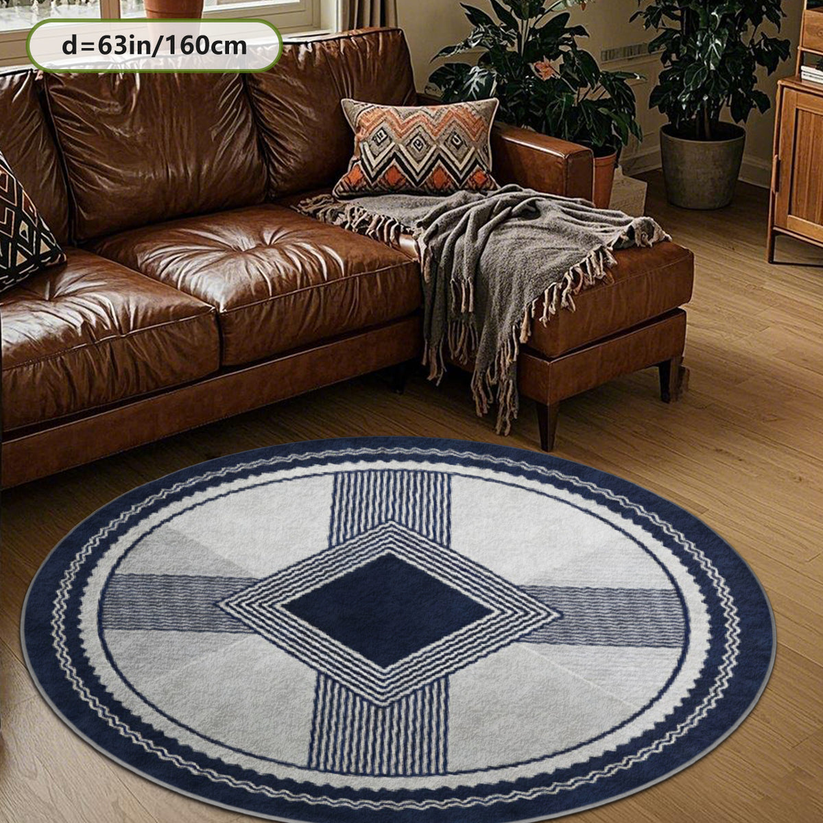 Tapis rond berbère bleu marine et gris, losange central