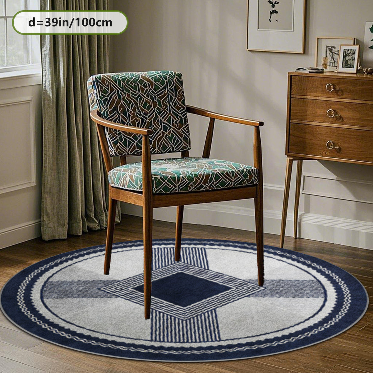 Tapis rond berbère bleu marine et gris, losange central