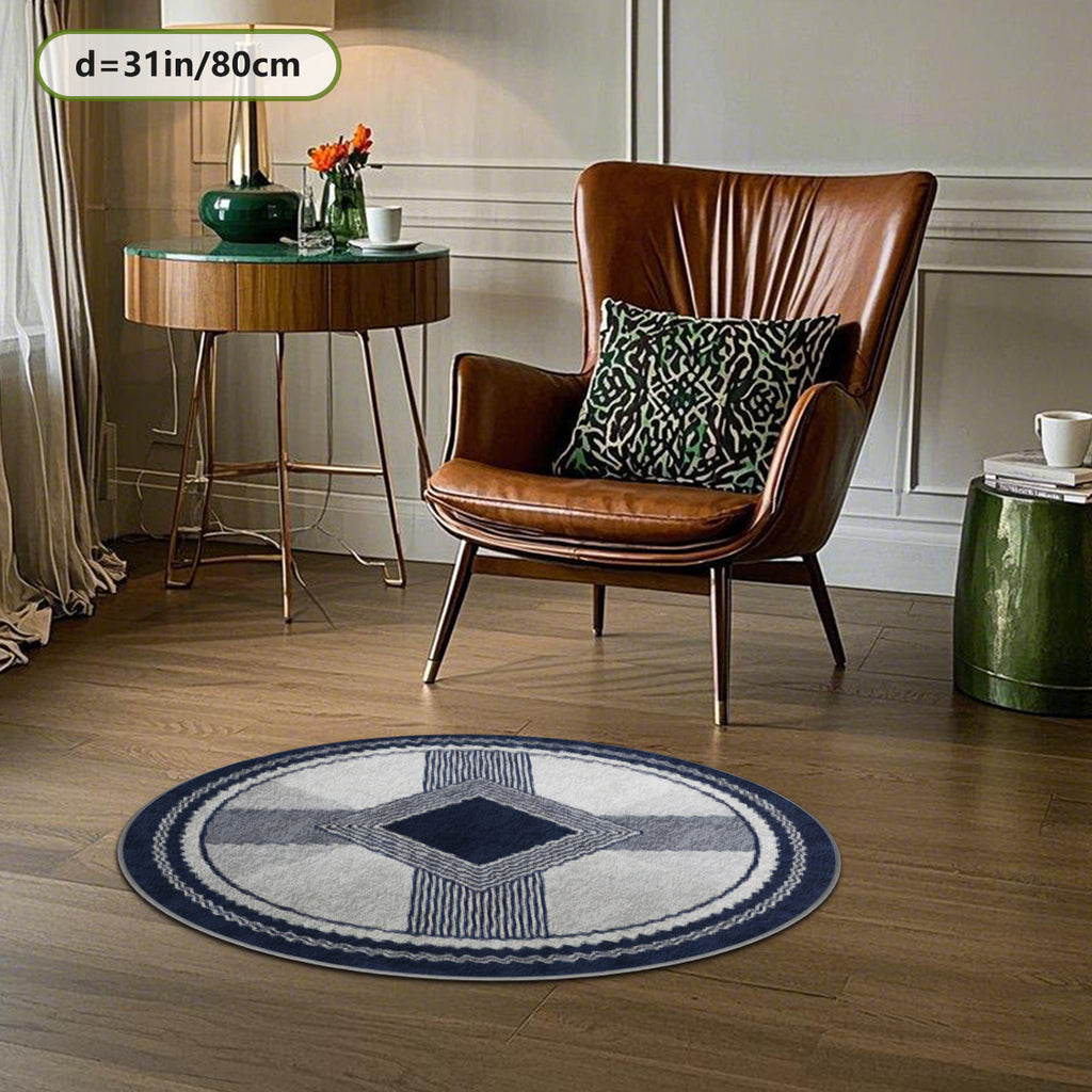 Tapis rond berbère bleu marine et gris, losange central