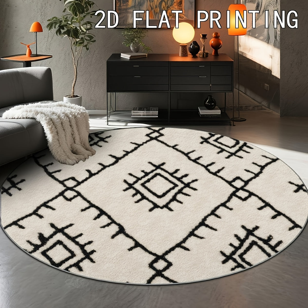 Tapis rond berbère noir et blanc, Ø 120 cm imprimé plat