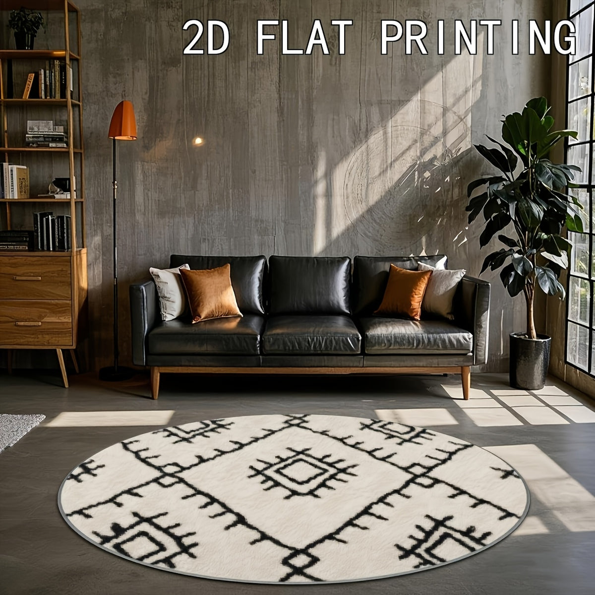 Tapis rond berbère noir et blanc, Ø 120 cm imprimé plat
