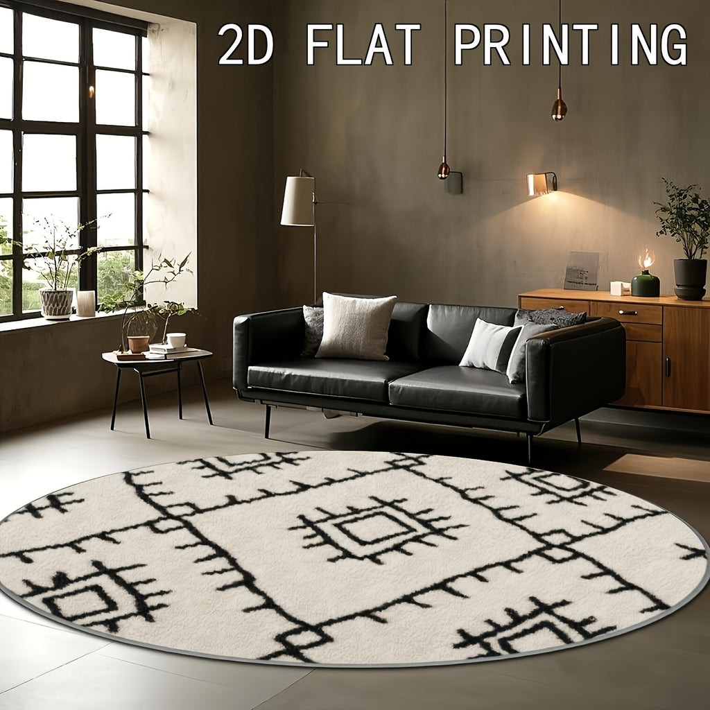Tapis rond berbère noir et blanc, Ø 120 cm imprimé plat