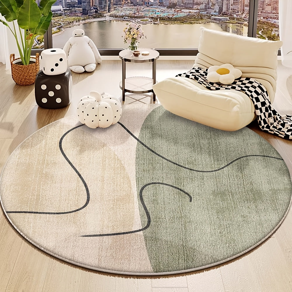 Tapis rond bicolore beige et sauge, trait noir continu au fil