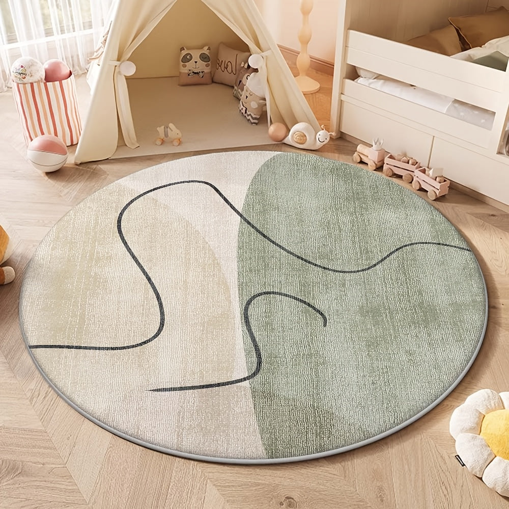 Tapis rond bicolore beige et sauge, trait noir continu au fil