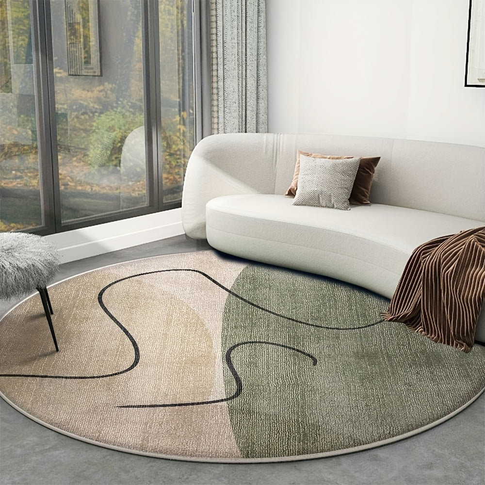 Tapis rond bicolore beige et sauge, trait noir continu au fil