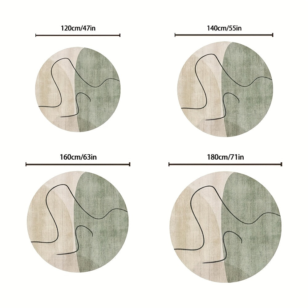 Tapis rond bicolore beige et sauge, trait noir continu au fil