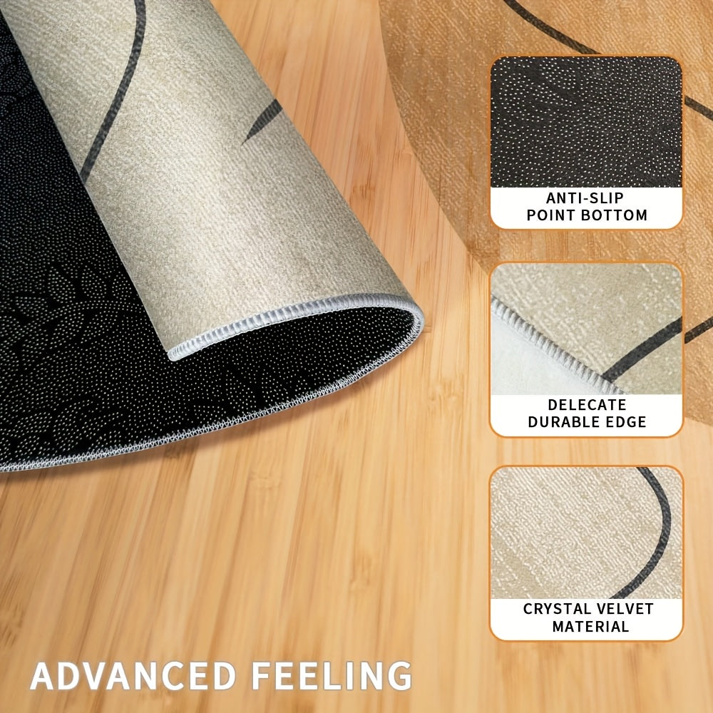 Tapis rond bicolore beige et sauge, trait noir continu au fil