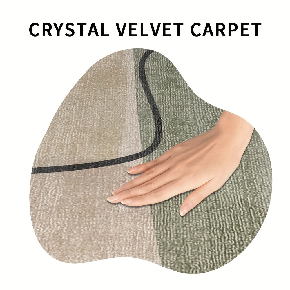 Tapis rond bicolore beige et sauge, trait noir continu au fil
