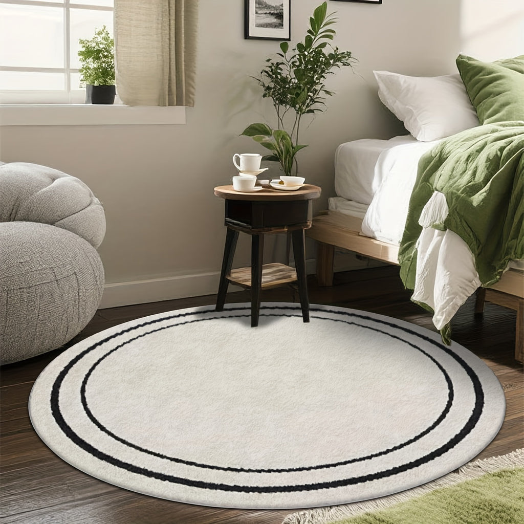 Tapis rond blanc à deux anneaux noirs, style minimaliste