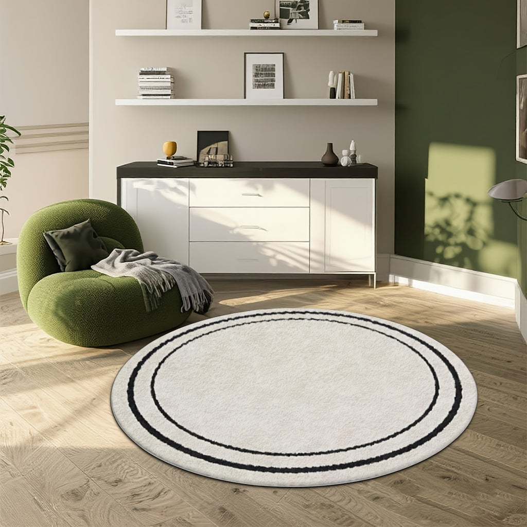 Tapis rond blanc à deux anneaux noirs, style minimaliste