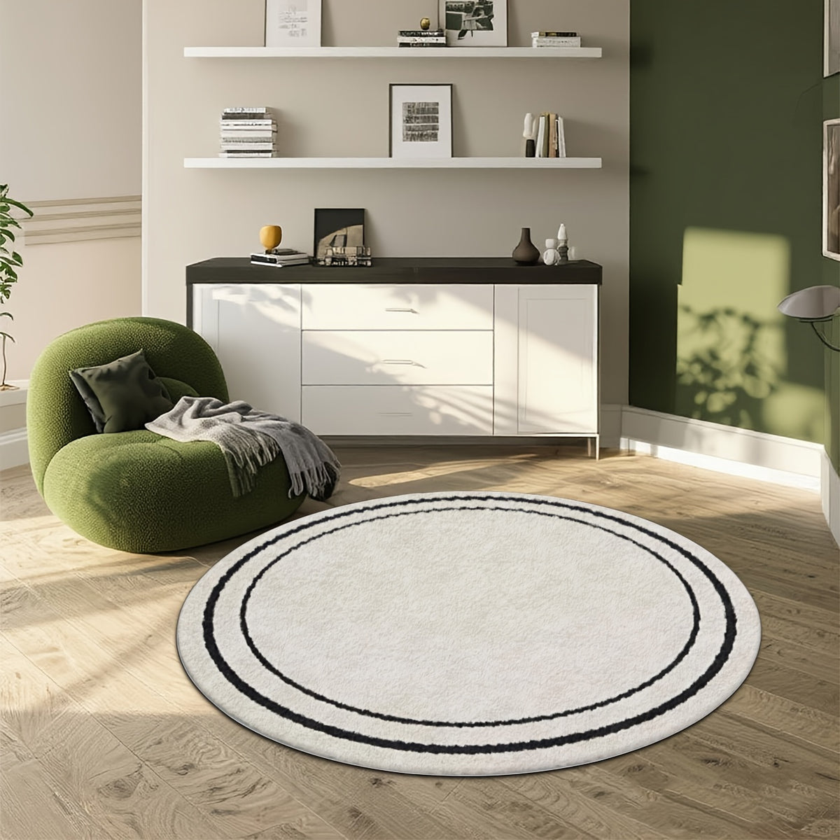 Tapis rond blanc à deux anneaux noirs, style minimaliste